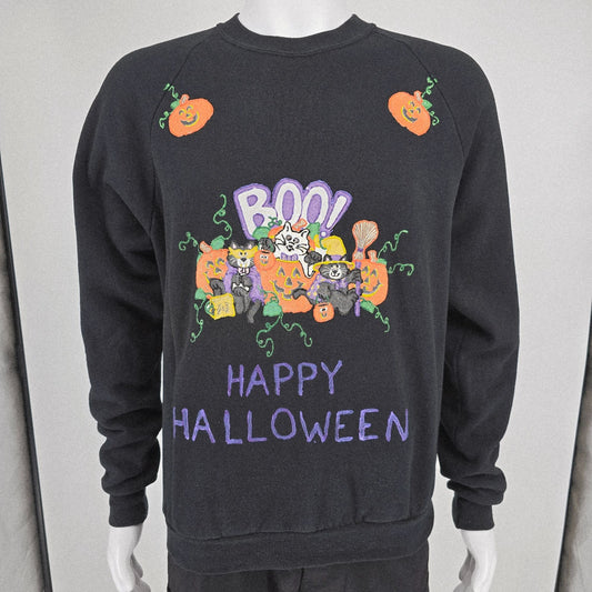 Vintage 1990s Jerzees "Boo!" Happy Halloween Cats and Pumpkins Sweatshirt (L)