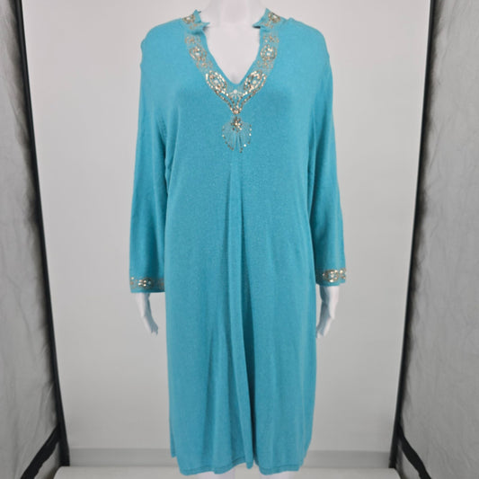 Vintage Y2K Bloomingdale's Turquoise Cashmere/Silk Sequined Tunic Dress (XL)