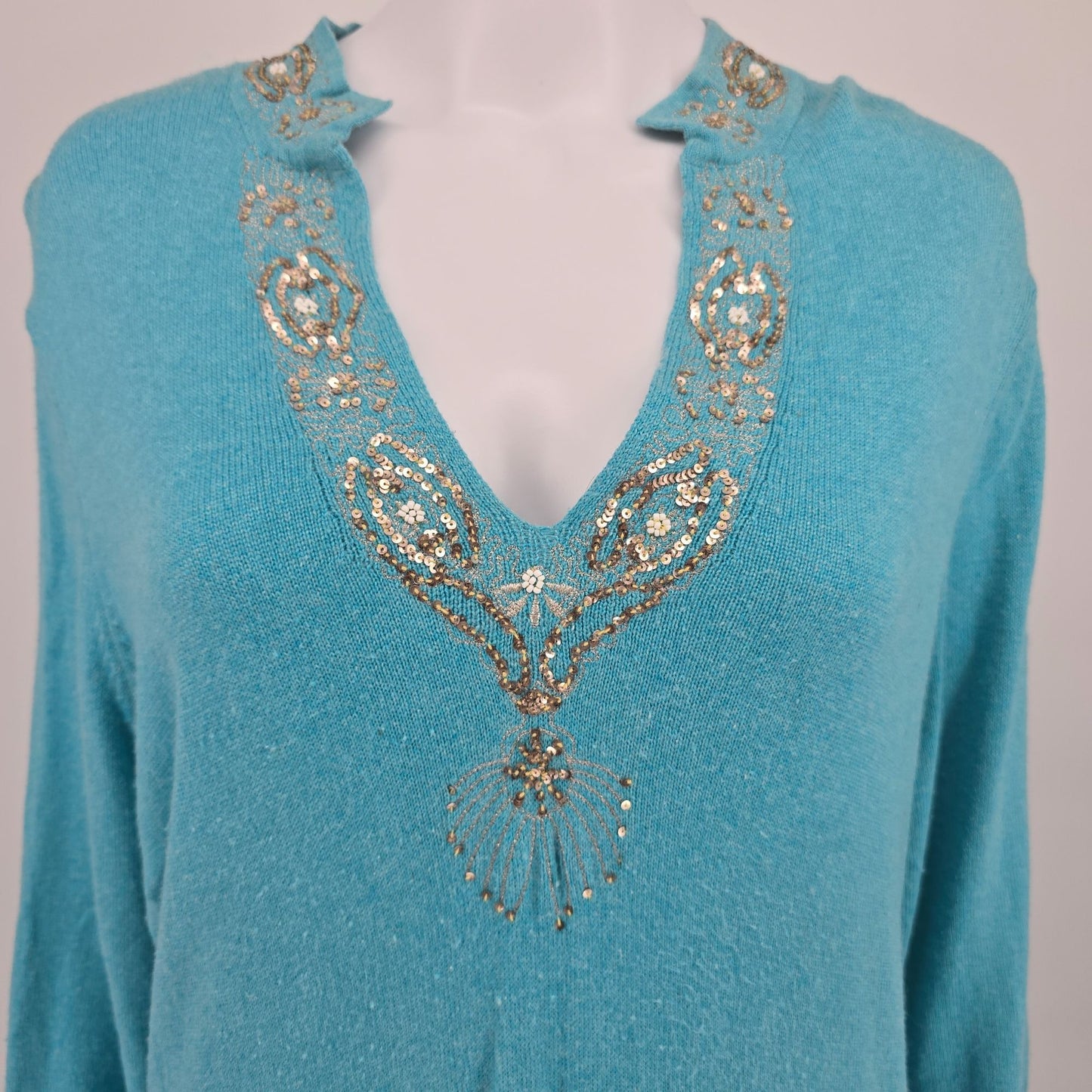 Vintage Y2K Bloomingdale's Turquoise Cashmere/Silk Sequined Tunic Dress (XL)