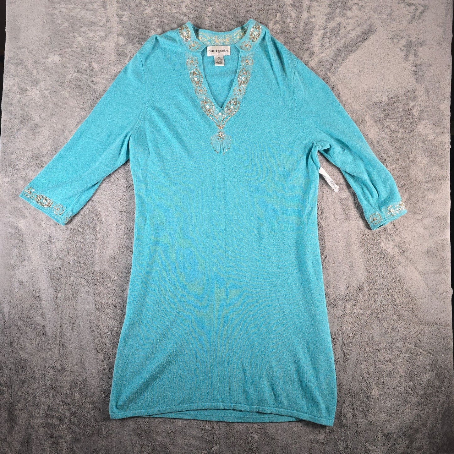 Vintage Y2K Bloomingdale's Turquoise Cashmere/Silk Sequined Tunic Dress (XL)