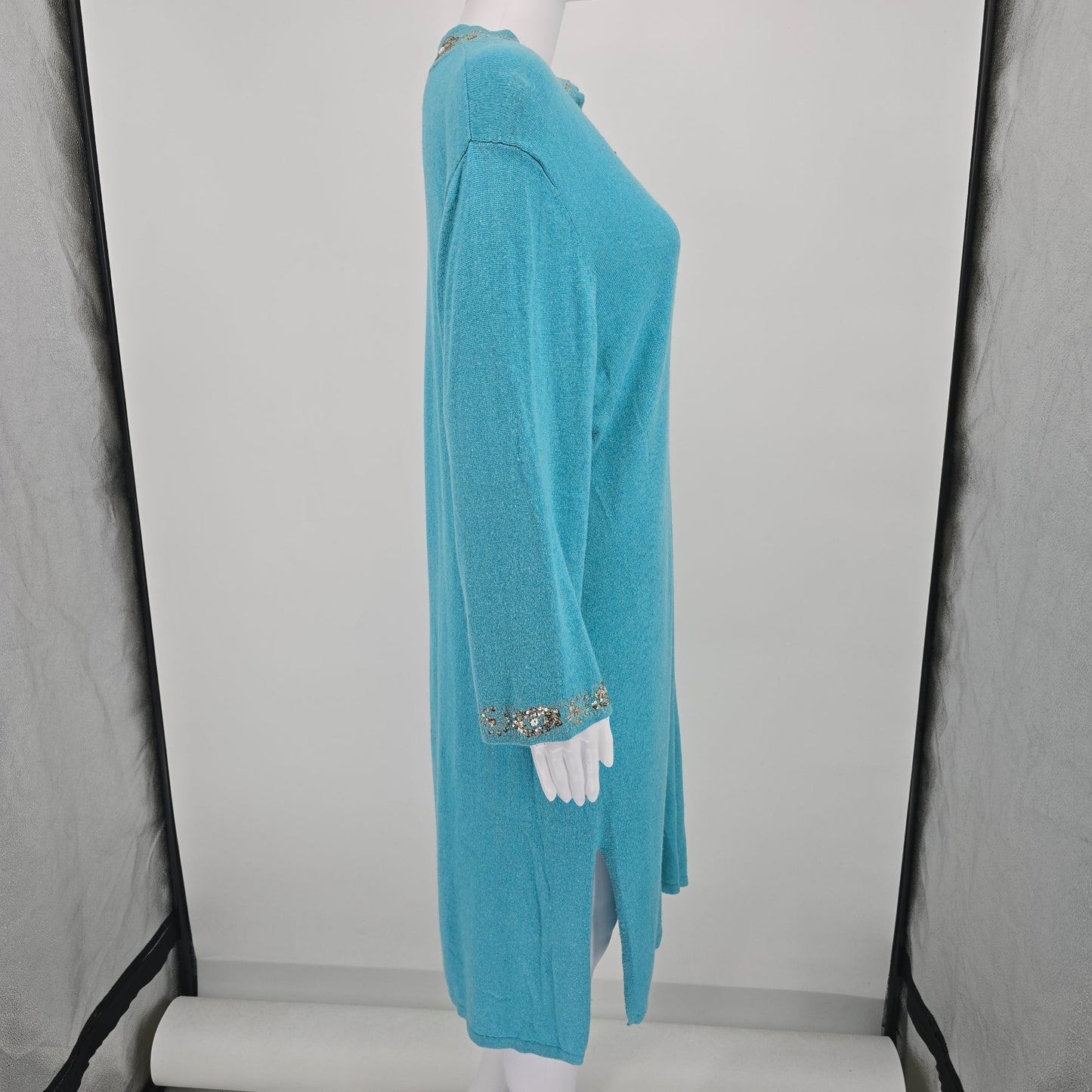 Vintage Y2K Bloomingdale's Turquoise Cashmere/Silk Sequined Tunic Dress (XL)