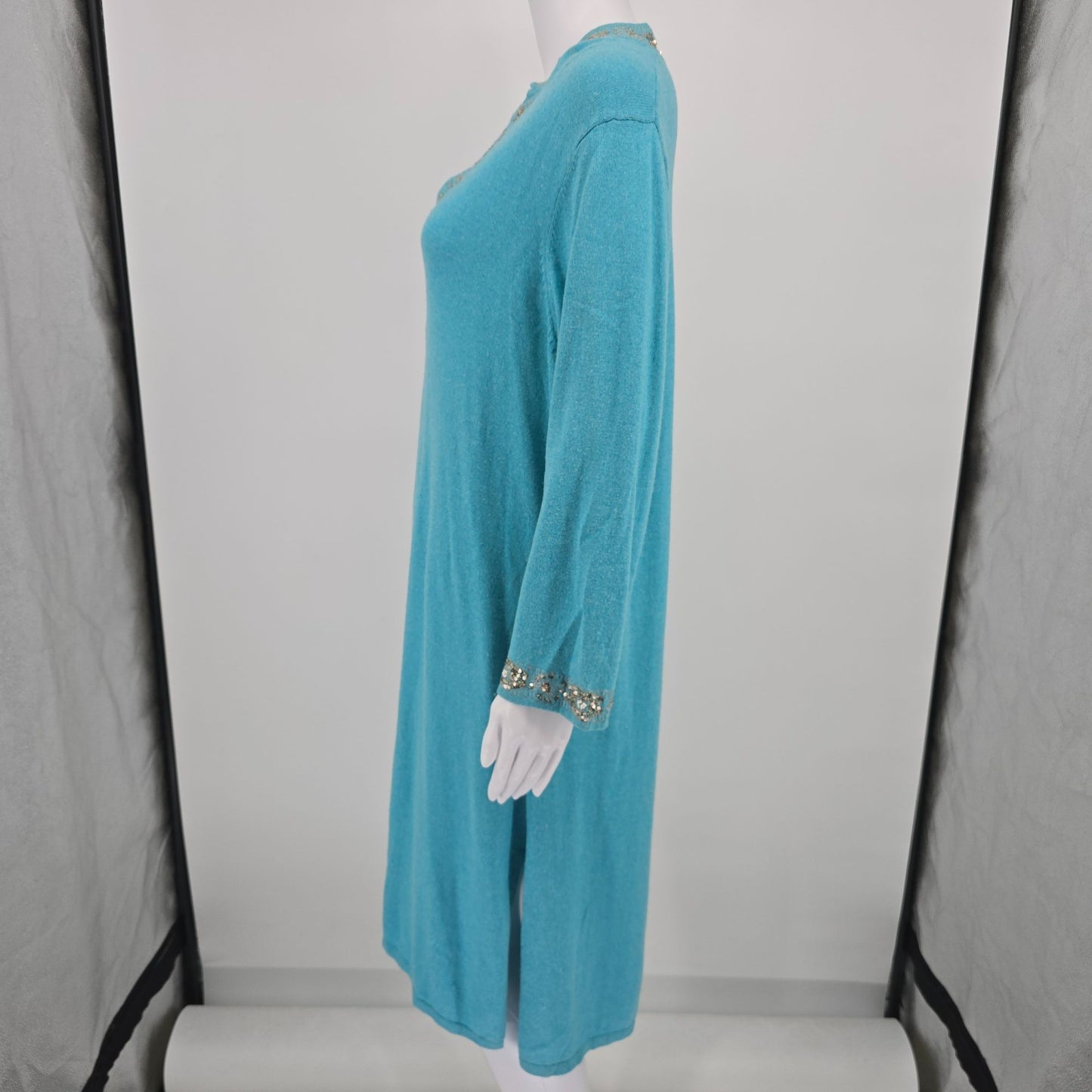 Vintage Y2K Bloomingdale's Turquoise Cashmere/Silk Sequined Tunic Dress (XL)