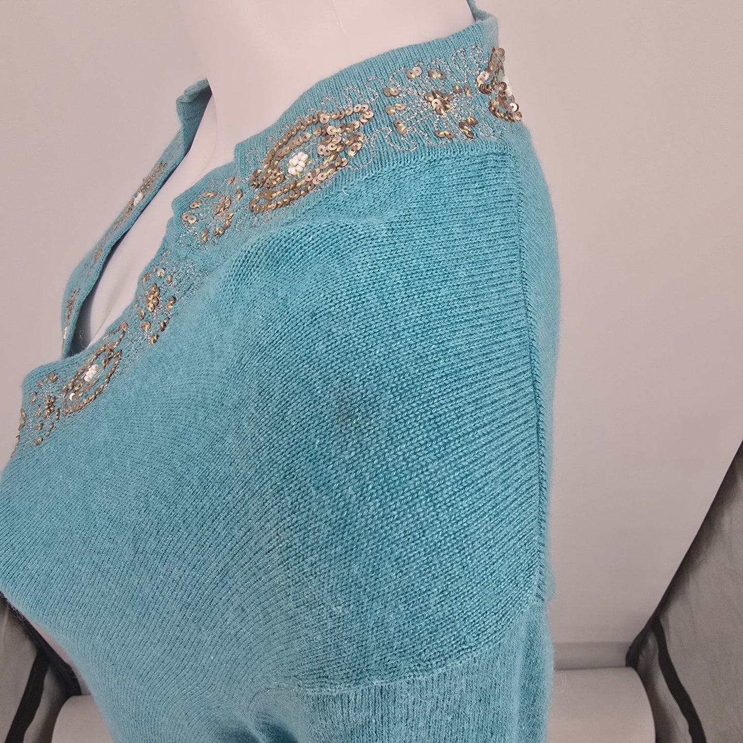 Vintage Y2K Bloomingdale's Turquoise Cashmere/Silk Sequined Tunic Dress (XL)