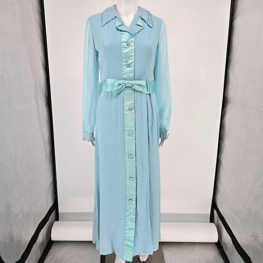 Vintage 1970s Powder Blue Rhinestone Button Formal/Hostess Maxi Dress (M)