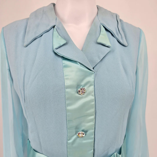 Vintage 1970s Powder Blue Rhinestone Button Formal/Hostess Maxi Dress (M)