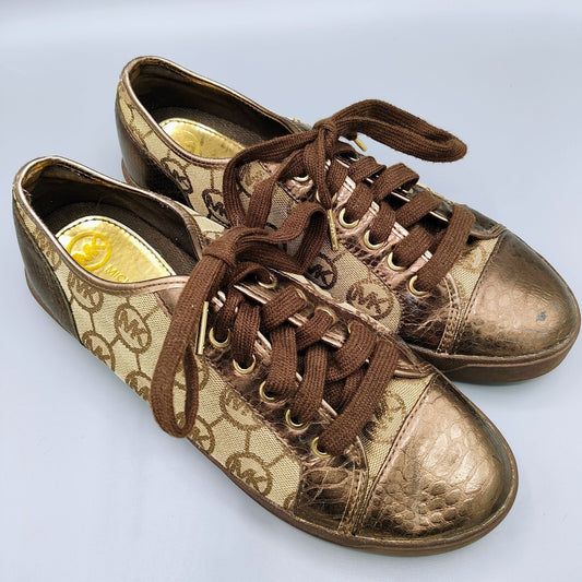 Michael Kors Women's Bronze/Tan Monogram Leather and Canvas Sneakers (Size 10M)