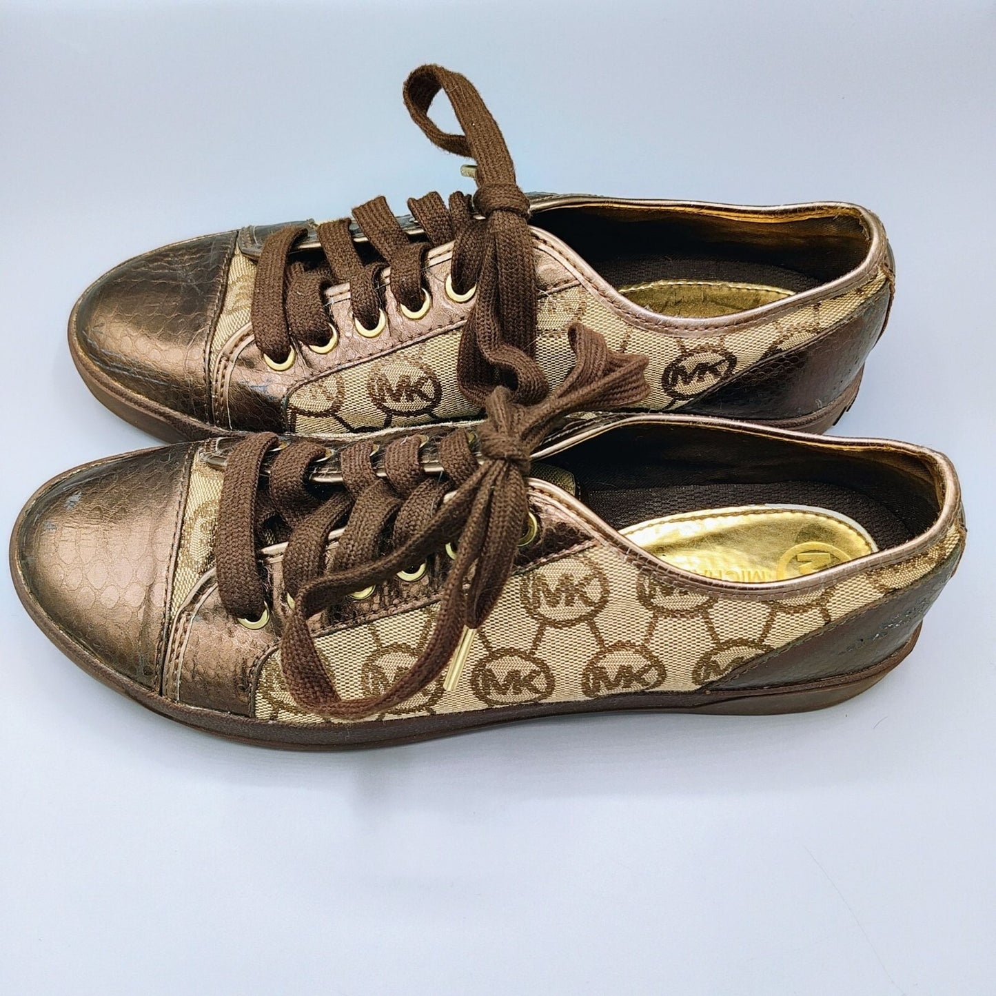 Michael Kors Women's Bronze/Tan Monogram Leather and Canvas Sneakers (Size 10M)