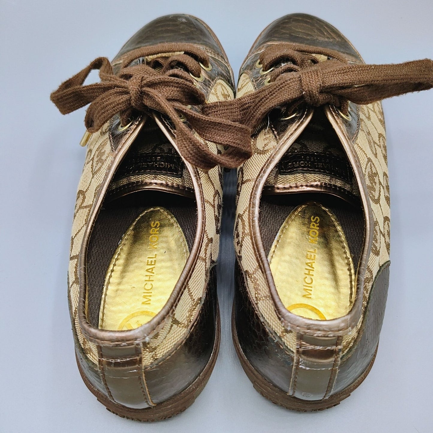 Michael Kors Women's Bronze/Tan Monogram Leather and Canvas Sneakers (Size 10M)