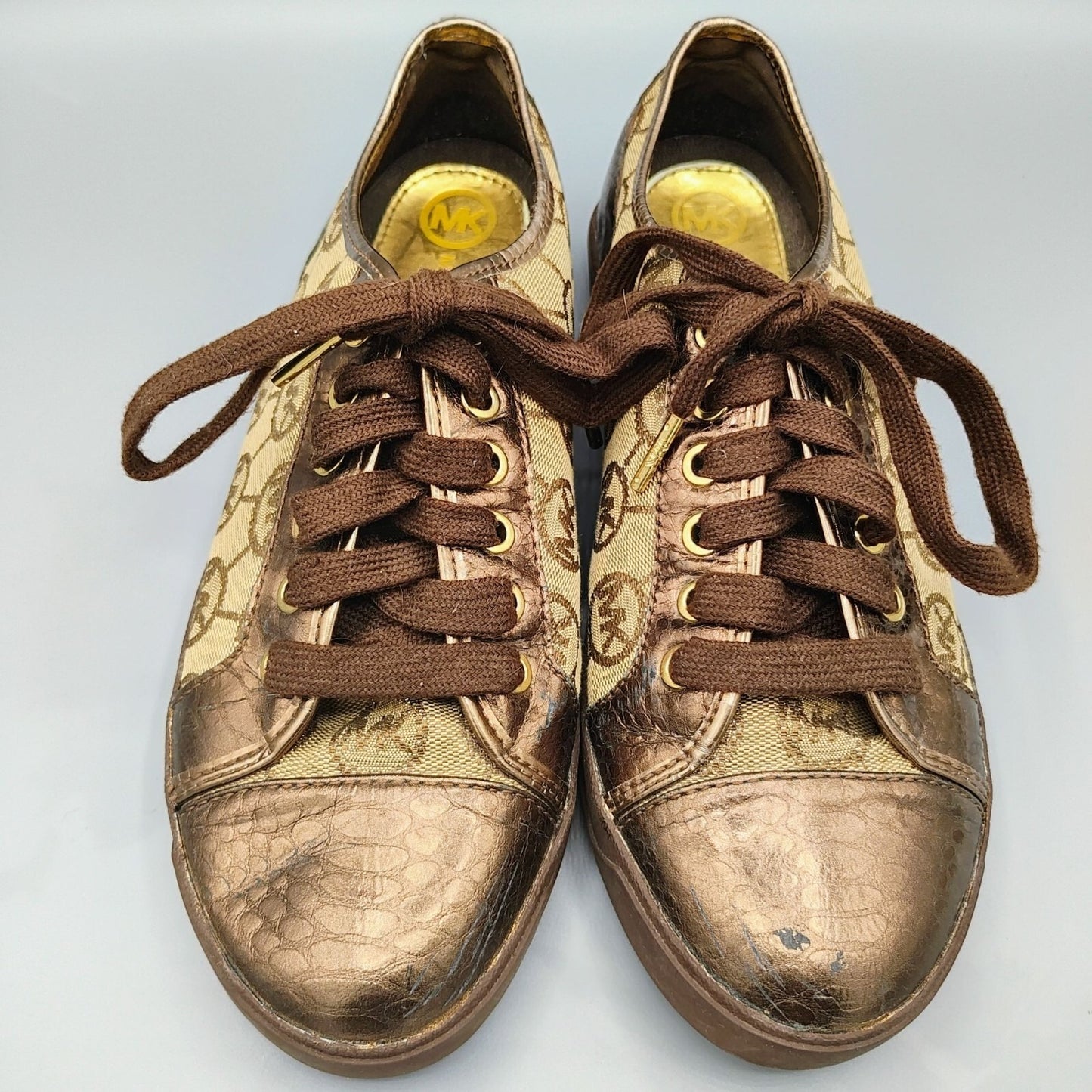 Michael Kors Women's Bronze/Tan Monogram Leather and Canvas Sneakers (Size 10M)