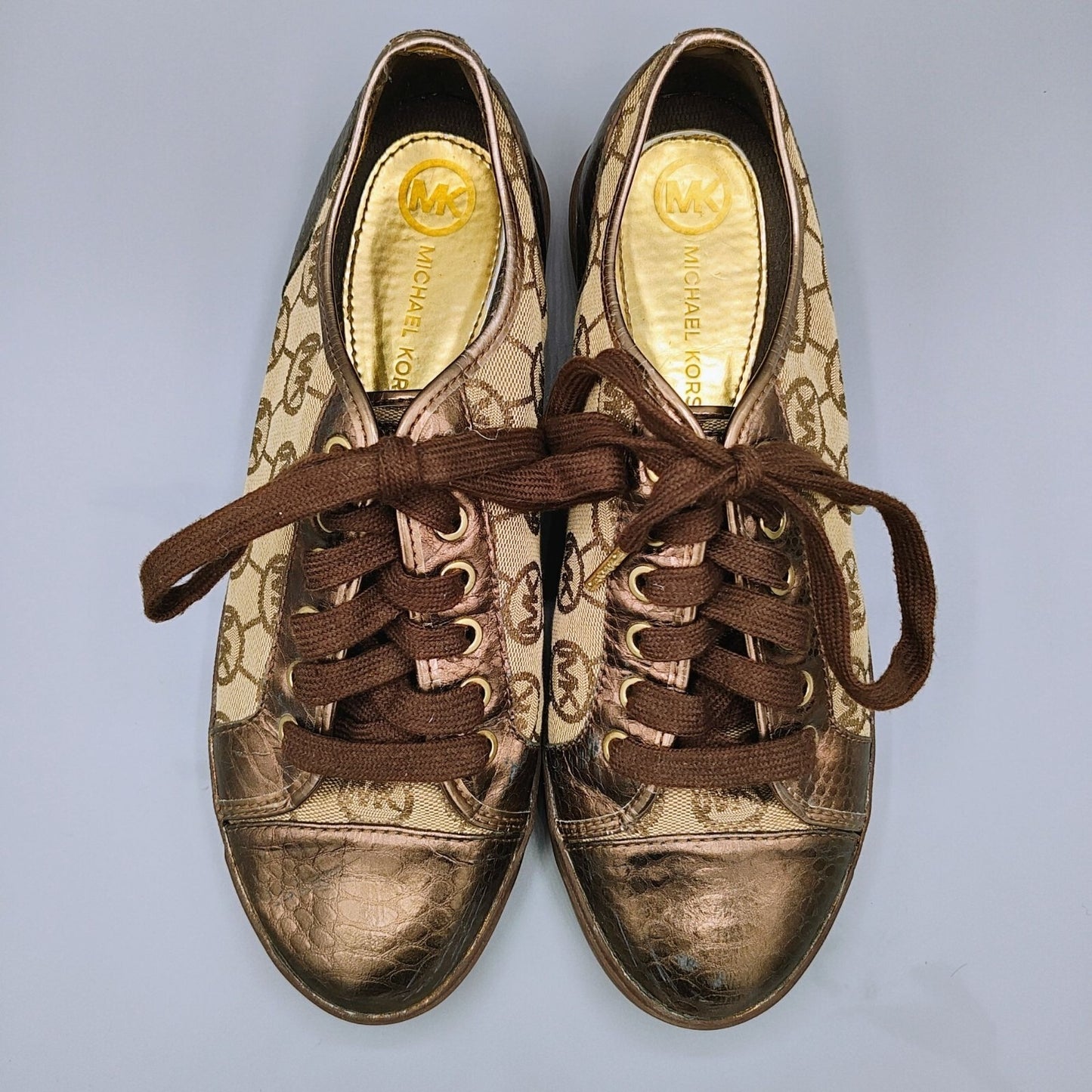 Michael Kors Women's Bronze/Tan Monogram Leather and Canvas Sneakers (Size 10M)