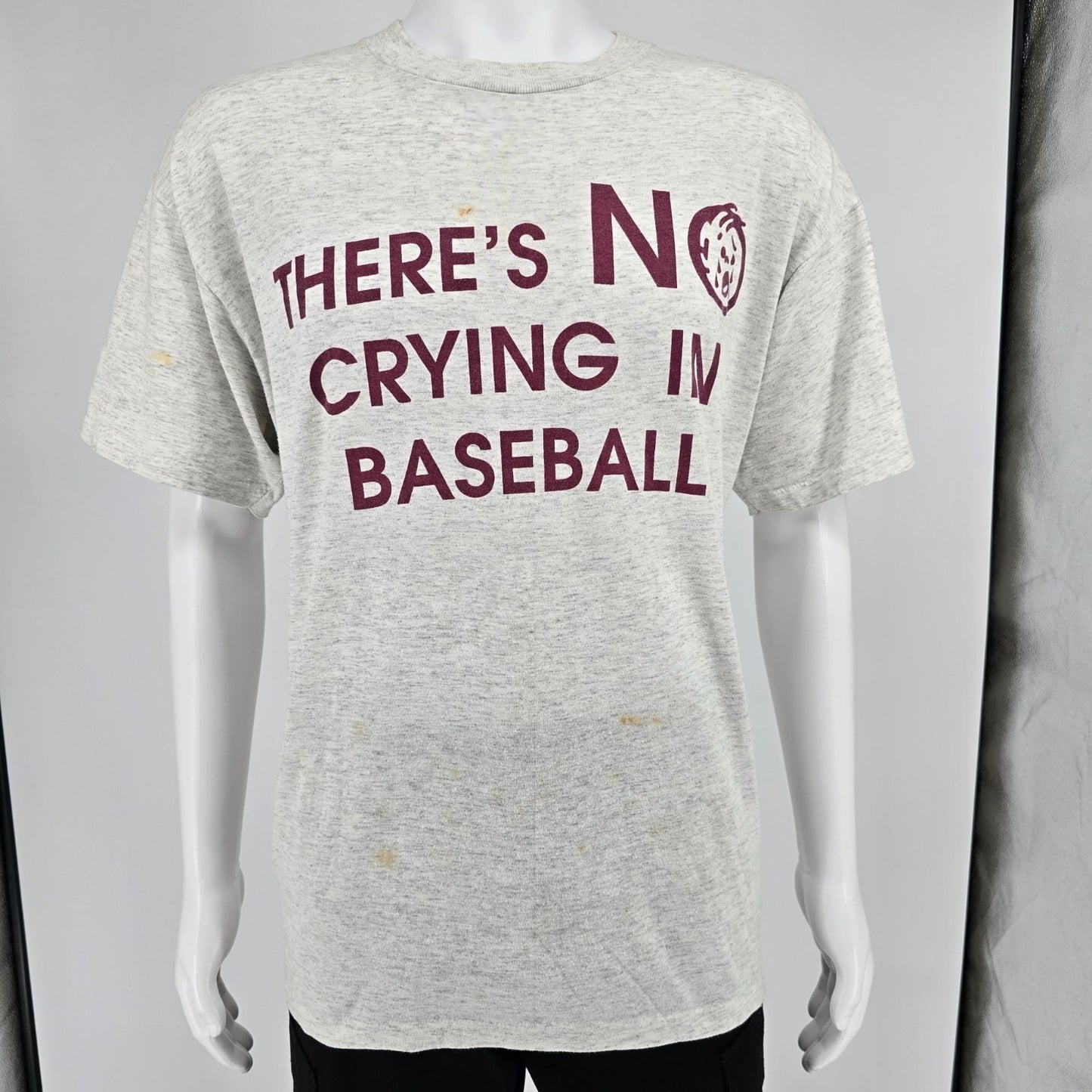 Distressed 1990s Oneita "There's No Crying in Baseball" Gray T-Shirt (XL)