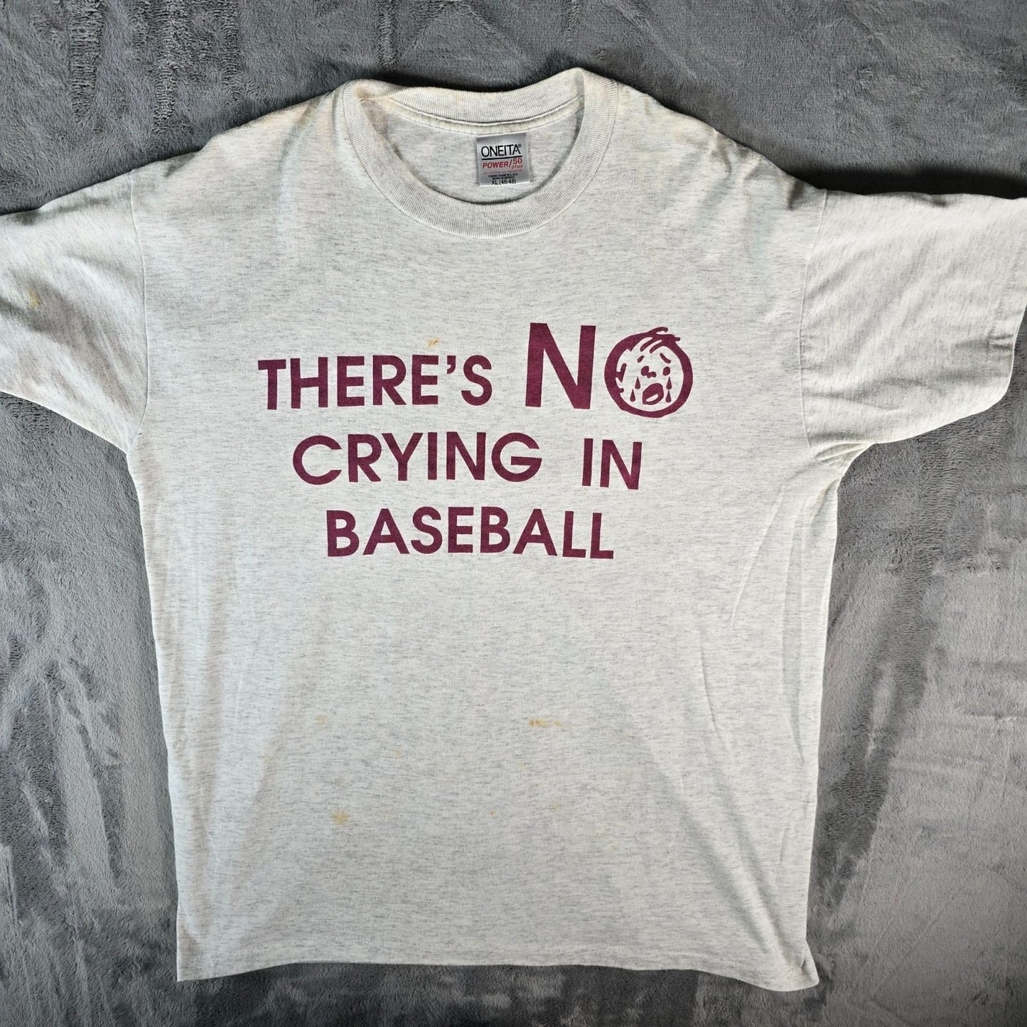 Distressed 1990s Oneita "There's No Crying in Baseball" Gray T-Shirt (XL)