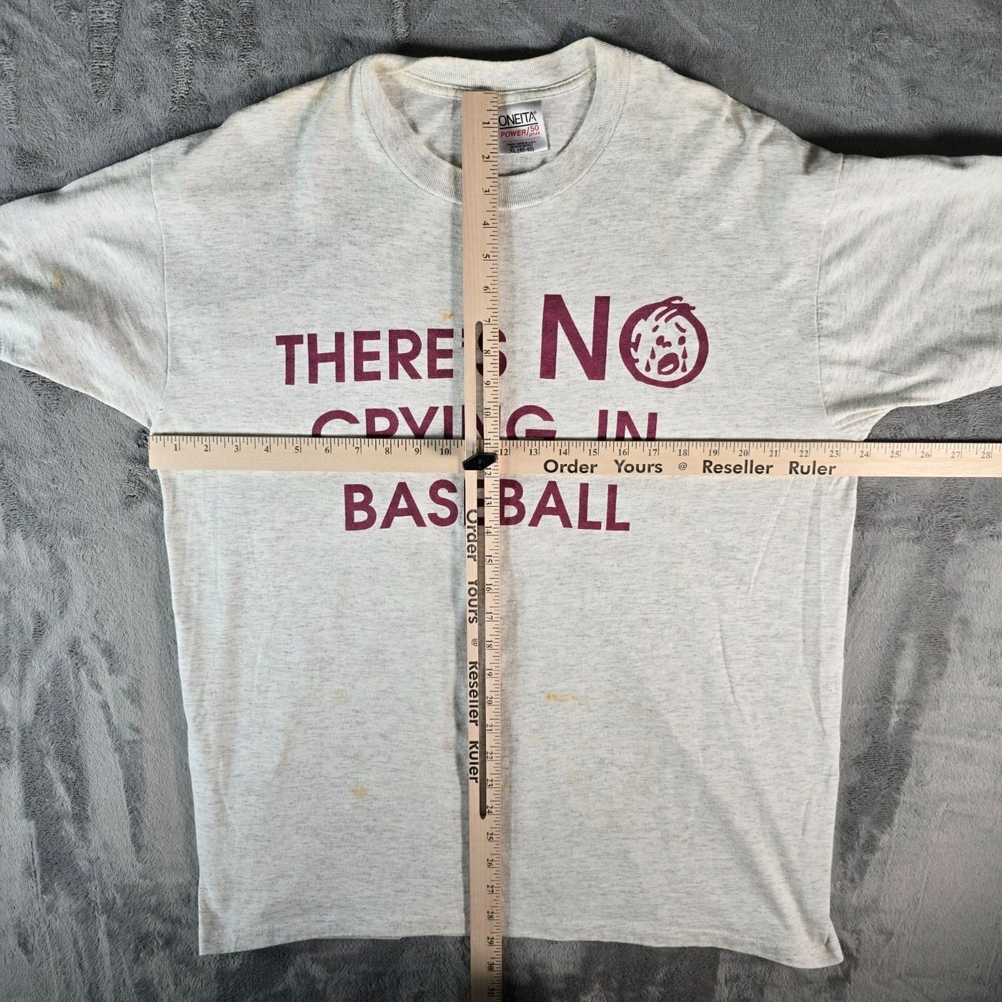 Distressed 1990s Oneita "There's No Crying in Baseball" Gray T-Shirt (XL)