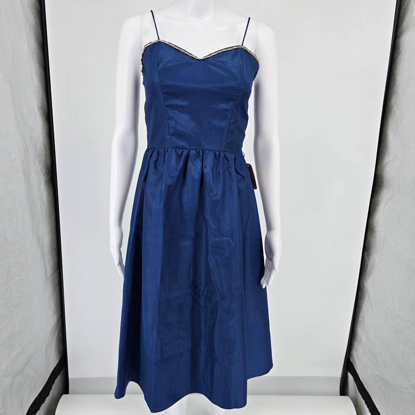 Vintage 1970s Navy Blue Rhinestone Trim Spaghetti Strap Party Dress (XS)