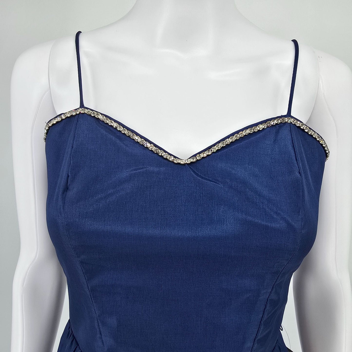 Vintage 1970s Navy Blue Rhinestone Trim Spaghetti Strap Party Dress (XS)