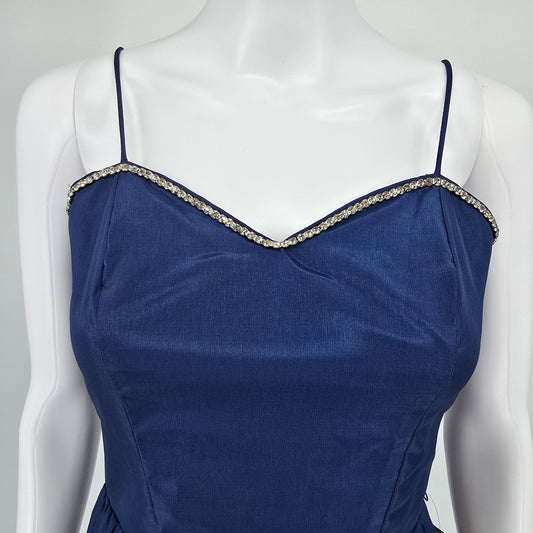 Vintage 1970s Navy Blue Rhinestone Trim Spaghetti Strap Party Dress (XS)