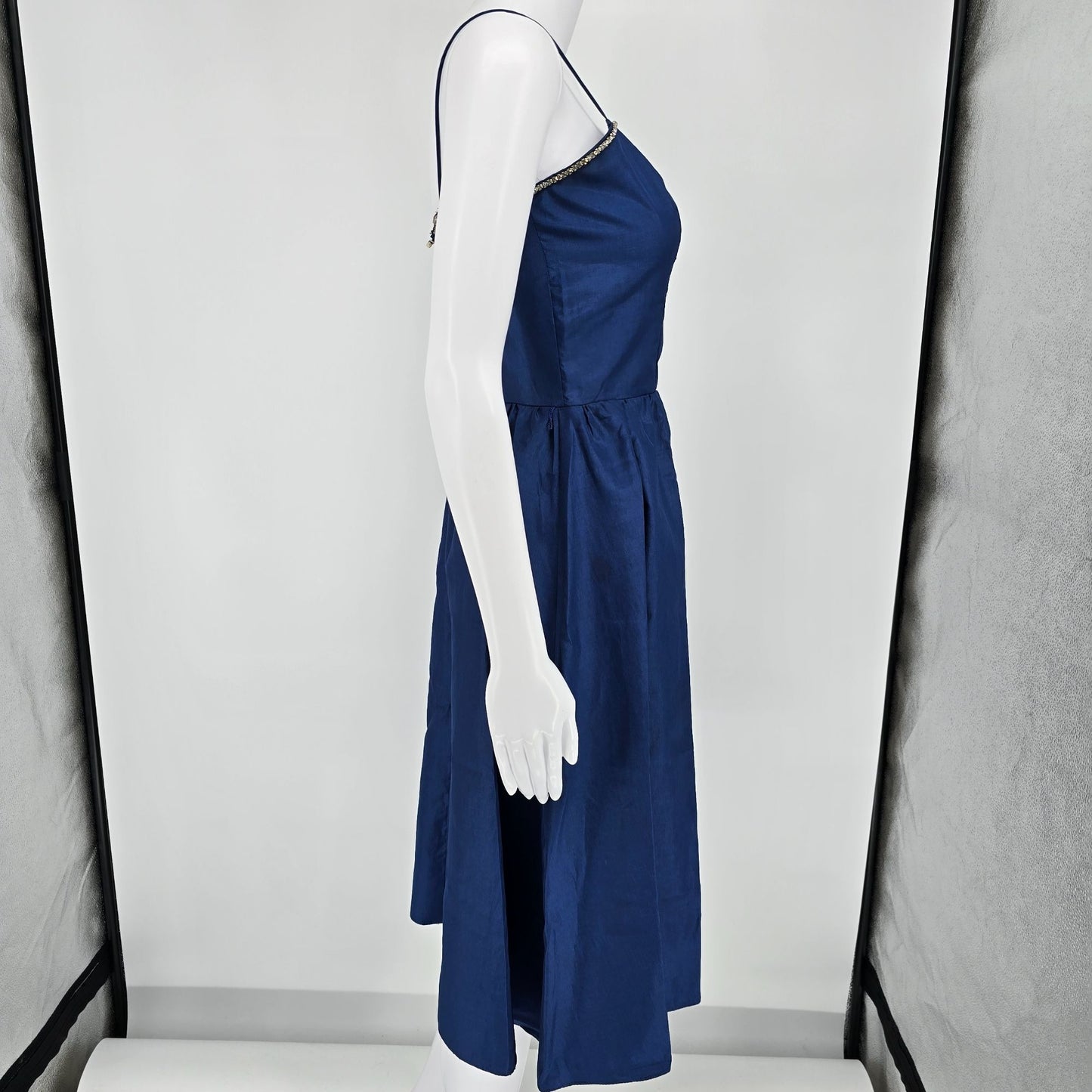 Vintage 1970s Navy Blue Rhinestone Trim Spaghetti Strap Party Dress (XS)