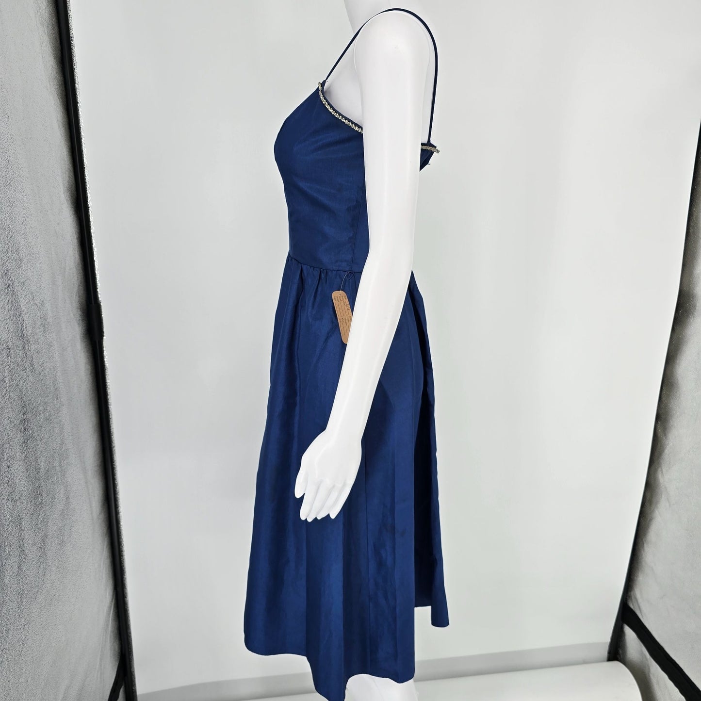 Vintage 1970s Navy Blue Rhinestone Trim Spaghetti Strap Party Dress (XS)