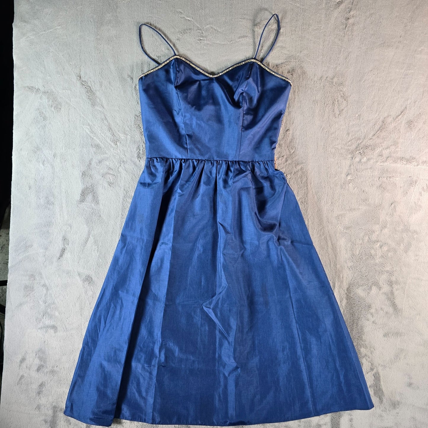 Vintage 1970s Navy Blue Rhinestone Trim Spaghetti Strap Party Dress (XS)