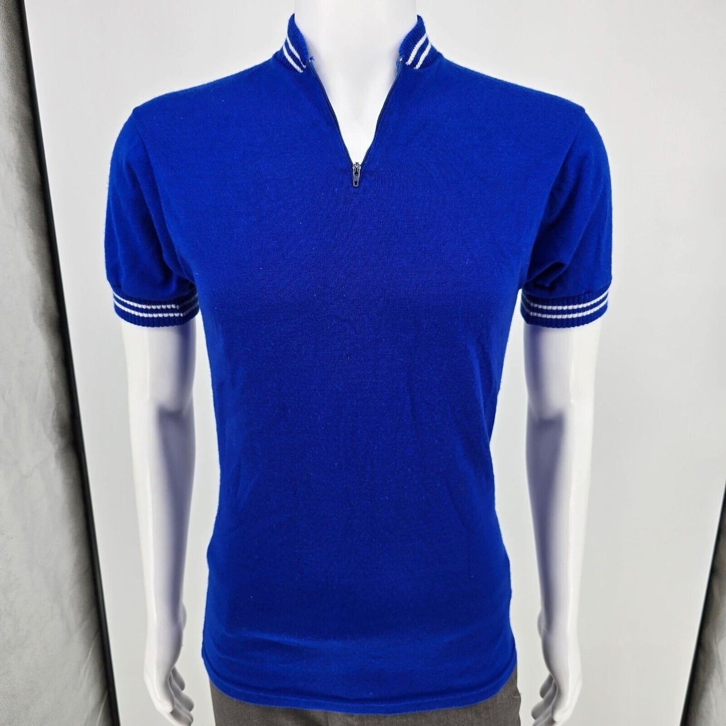 Vintage 1970s Au Tour De France Quarter Zip Knit Blue Cycling Jersey (Small)