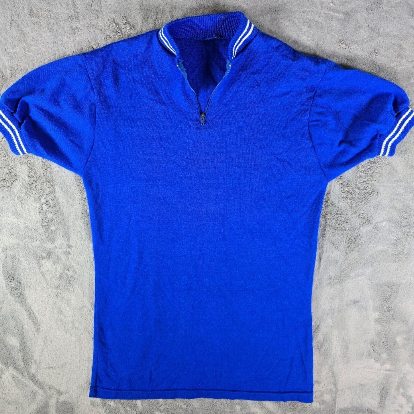 Vintage 1970s Au Tour De France Quarter Zip Knit Blue Cycling Jersey (Small)