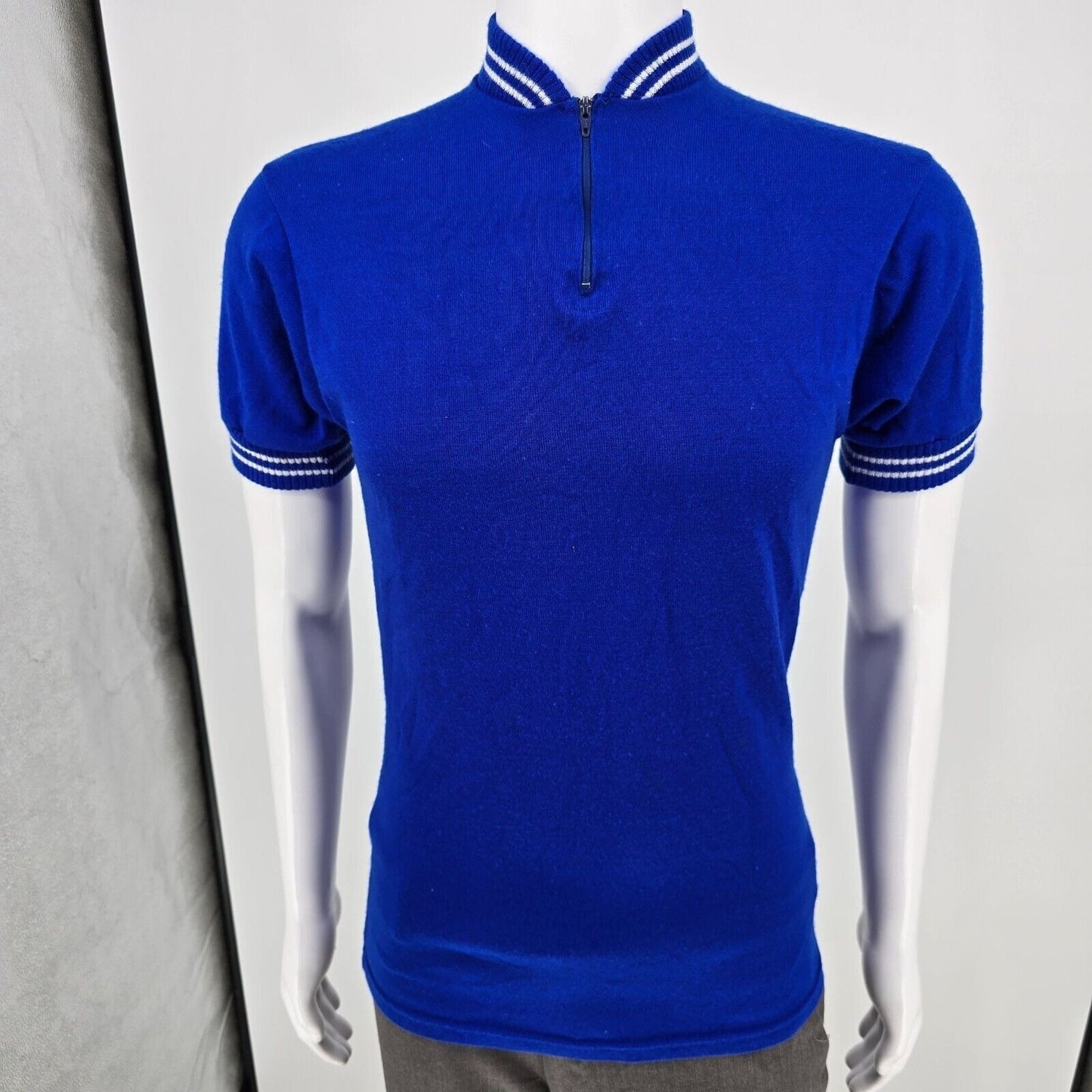 Vintage 1970s Au Tour De France Quarter Zip Knit Blue Cycling Jersey (Small)