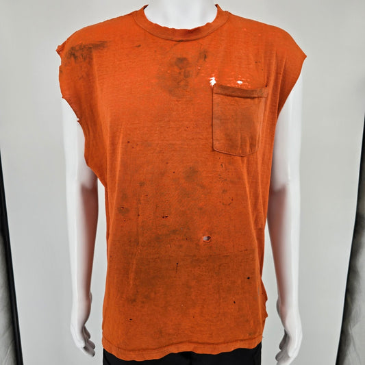 Thrashed Vintage 1990s "Davis Excavating" Orange Cut Off Pocket T-Shirt (XL)