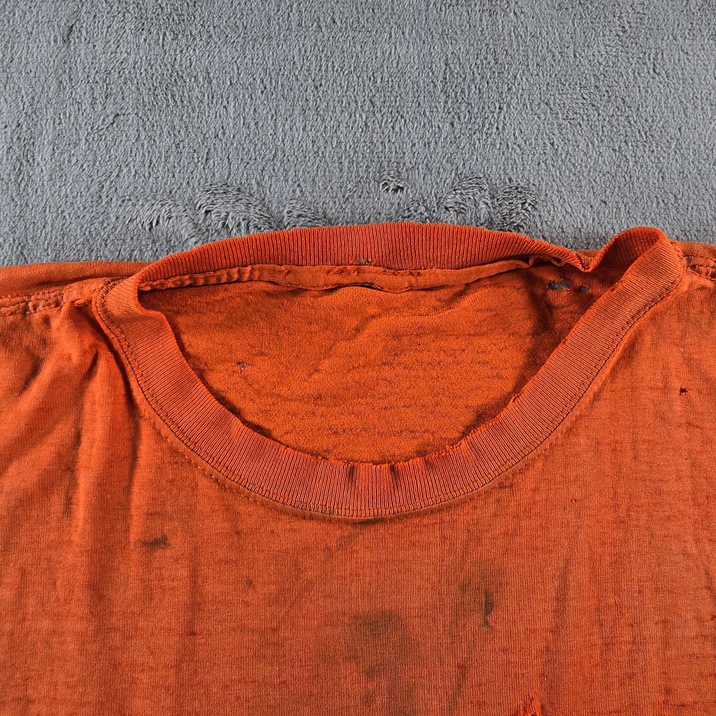 Thrashed Vintage 1990s "Davis Excavating" Orange Cut Off Pocket T-Shirt (XL)