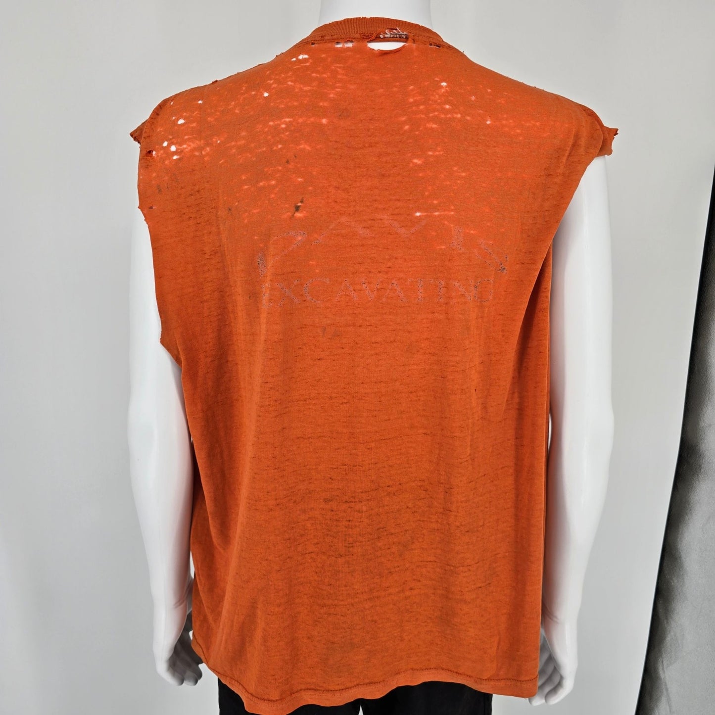 Thrashed Vintage 1990s "Davis Excavating" Orange Cut Off Pocket T-Shirt (XL)