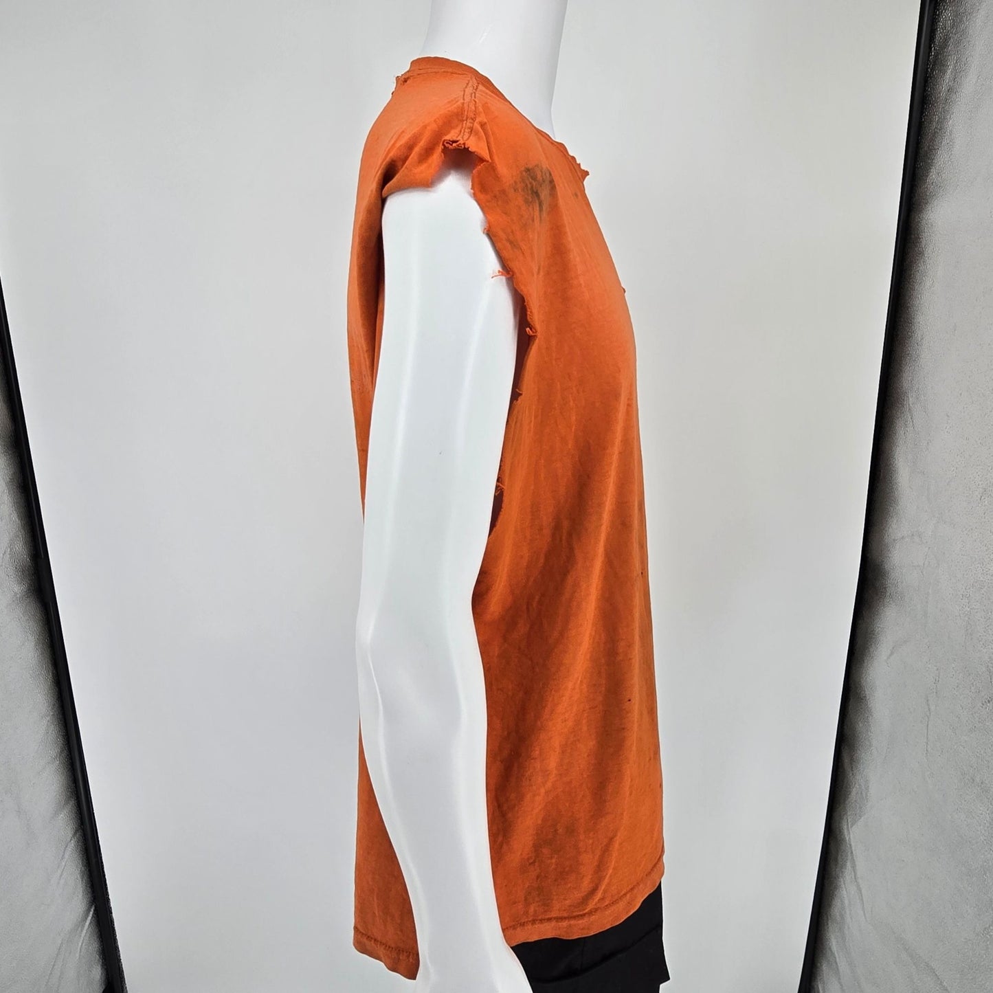 Thrashed Vintage 1990s "Davis Excavating" Orange Cut Off Pocket T-Shirt (XL)