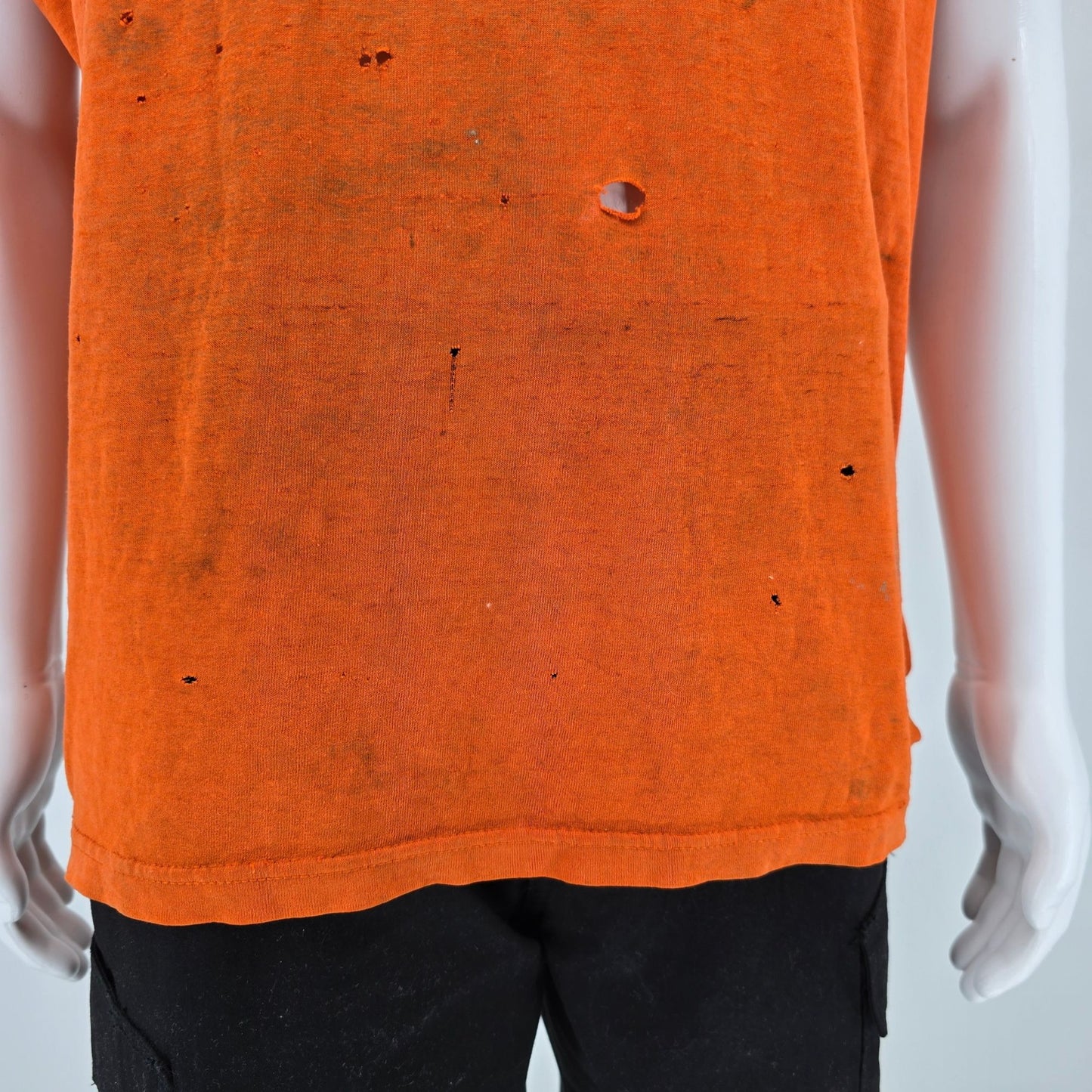 Thrashed Vintage 1990s "Davis Excavating" Orange Cut Off Pocket T-Shirt (XL)