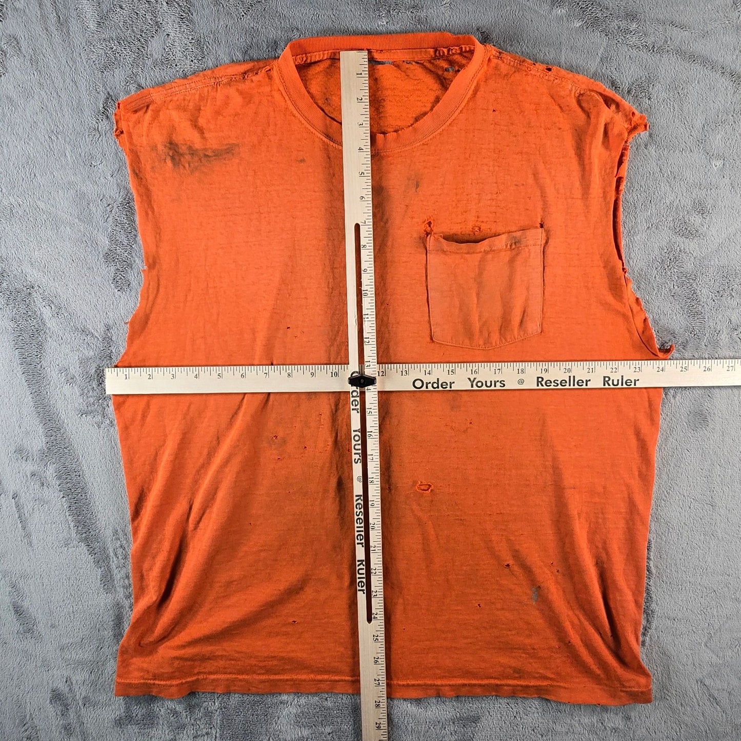 Thrashed Vintage 1990s "Davis Excavating" Orange Cut Off Pocket T-Shirt (XL)