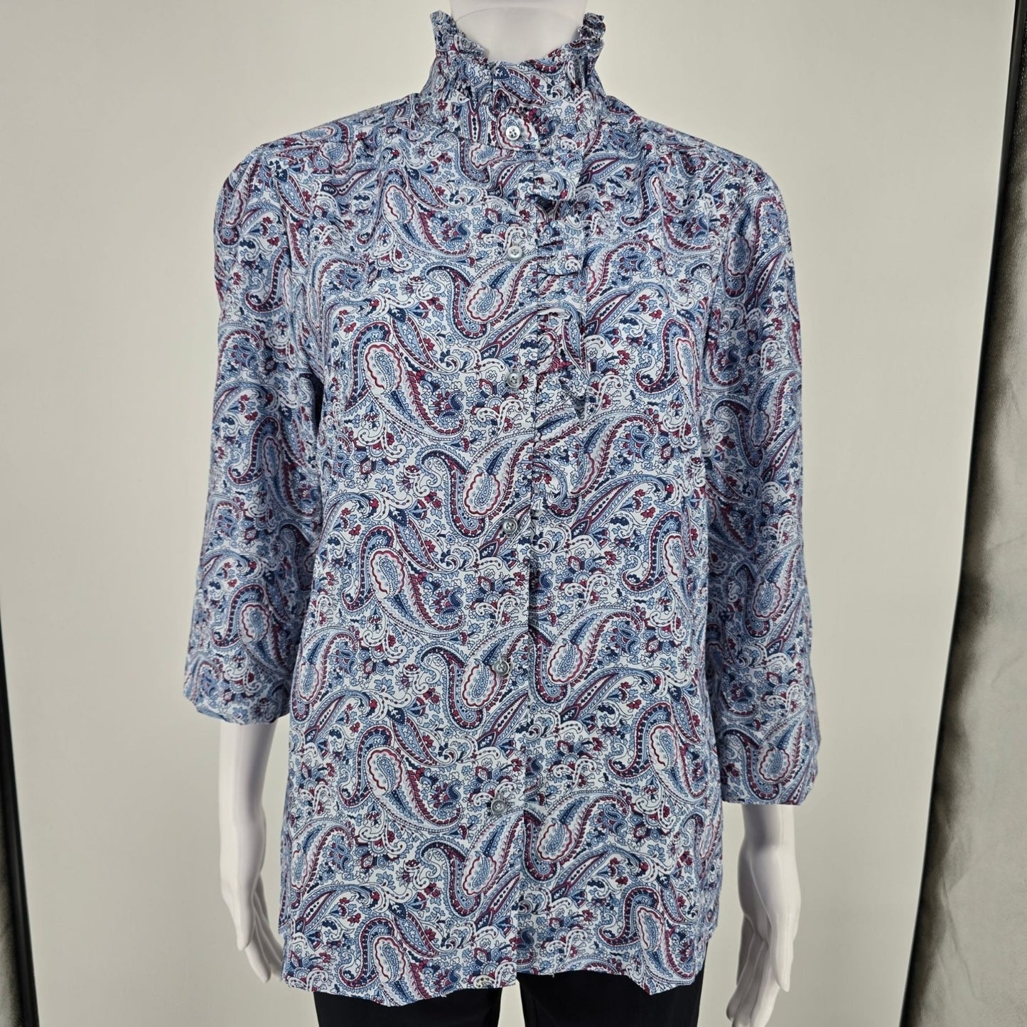 Vintage 1970s Fire Islander Blue Paisley Ruffle Neck Prairie Blouse (L)