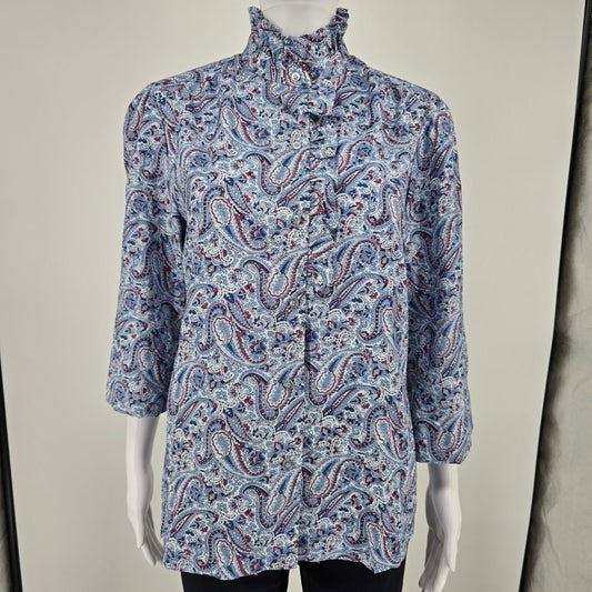 Vintage 1970s Fire Islander Blue Paisley Ruffle Neck Prairie Blouse (L)