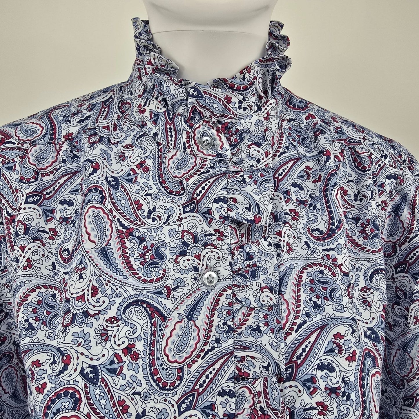 Vintage 1970s Fire Islander Blue Paisley Ruffle Neck Prairie Blouse (L)