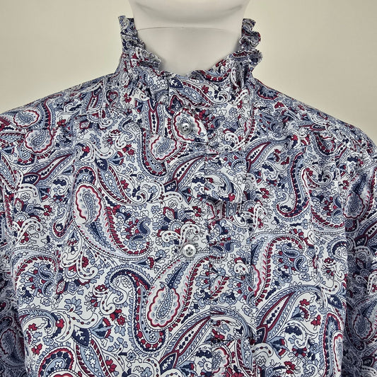 Vintage 1970s Fire Islander Blue Paisley Ruffle Neck Prairie Blouse (L)
