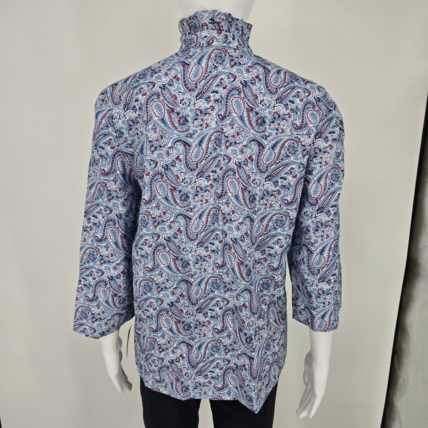 Vintage 1970s Fire Islander Blue Paisley Ruffle Neck Prairie Blouse (L)
