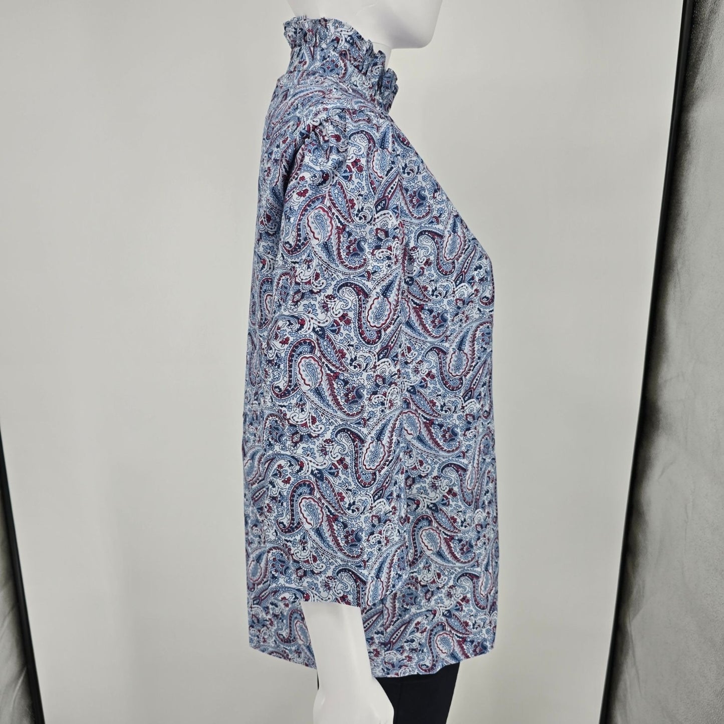 Vintage 1970s Fire Islander Blue Paisley Ruffle Neck Prairie Blouse (L)