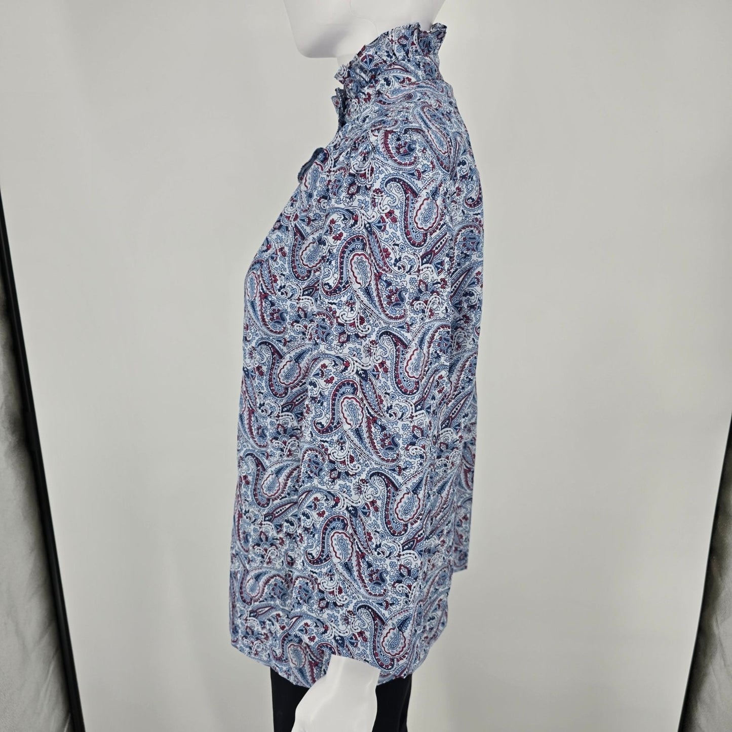 Vintage 1970s Fire Islander Blue Paisley Ruffle Neck Prairie Blouse (L)