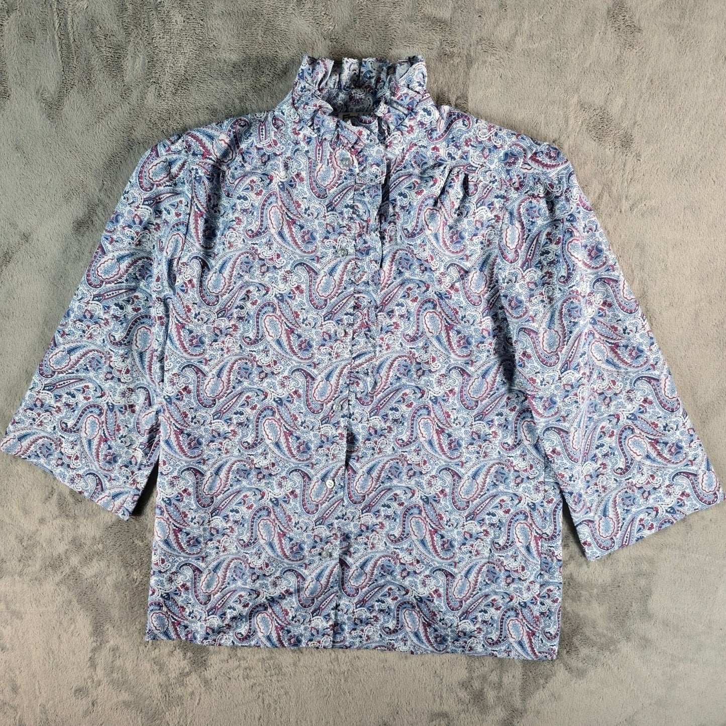 Vintage 1970s Fire Islander Blue Paisley Ruffle Neck Prairie Blouse (L)