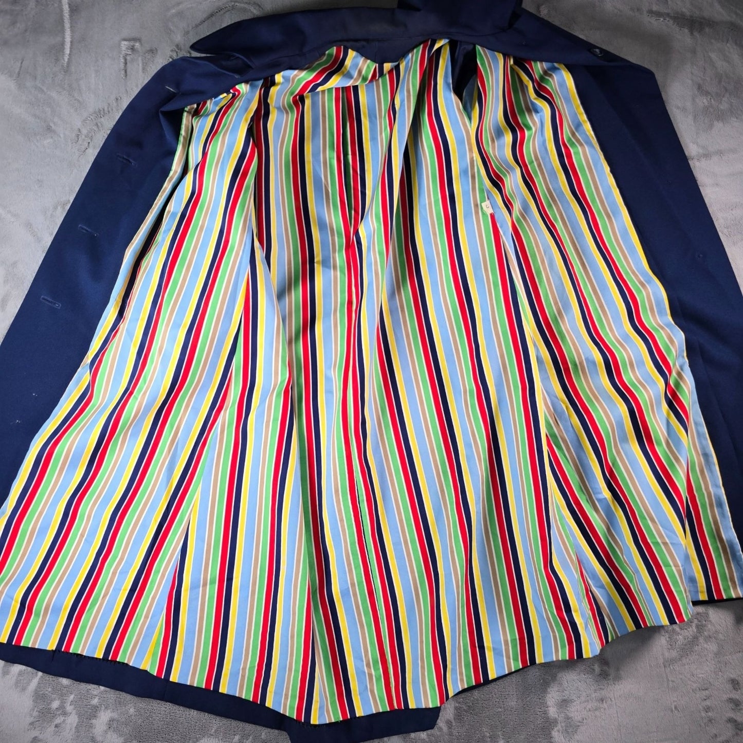 Vintage 1970s Union Made Navy Raglan Dress Coat w/ Rainbow Stripe Lining (L/XL)