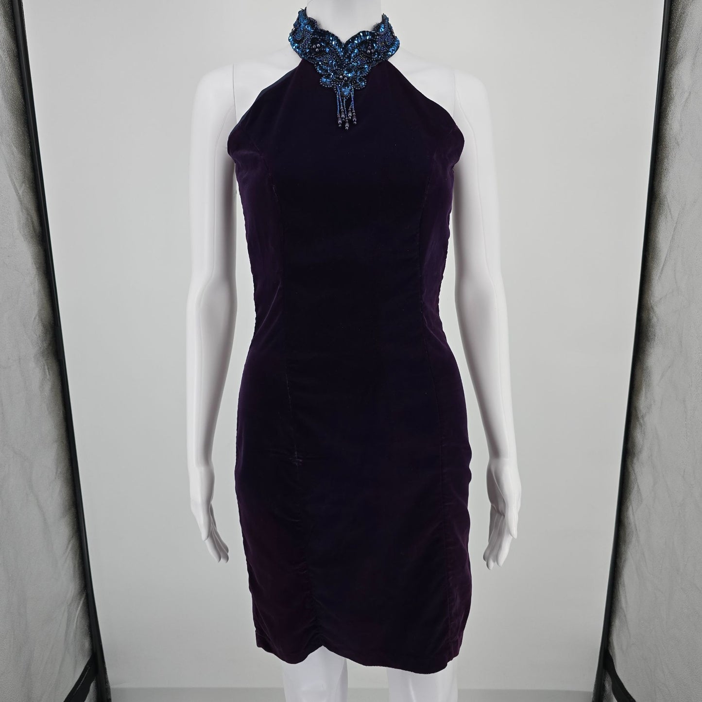 Vintage 1990s Next Left Deep Purple Velvet Whimisigoth Halter Dress (XS)