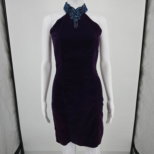 Vintage 1990s Next Left Deep Purple Velvet Whimisigoth Halter Dress (XS)