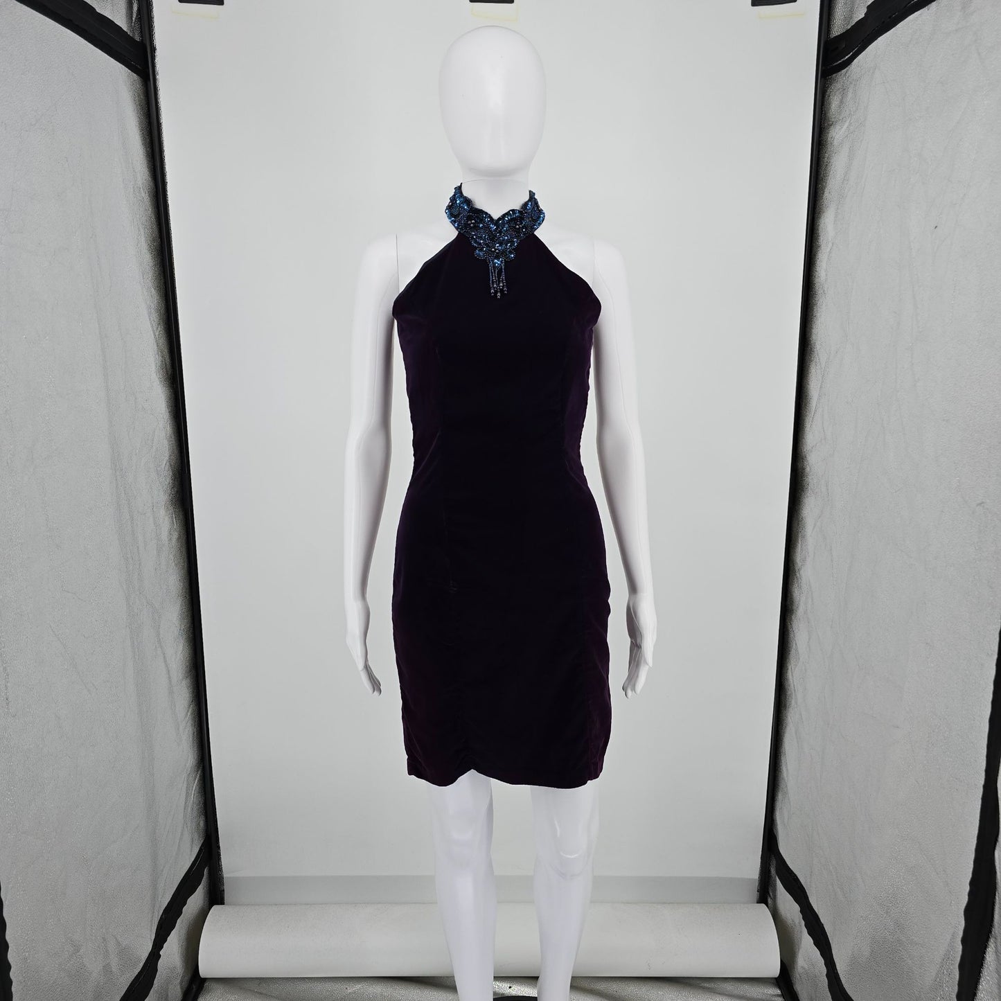 Vintage 1990s Next Left Deep Purple Velvet Whimisigoth Halter Dress (XS)