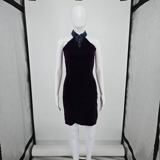 Vintage 1990s Next Left Deep Purple Velvet Whimisigoth Halter Dress (XS)