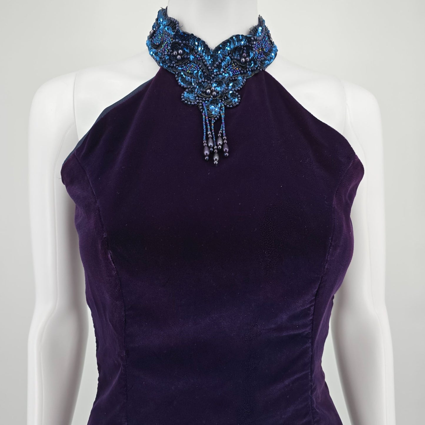 Vintage 1990s Next Left Deep Purple Velvet Whimisigoth Halter Dress (XS)