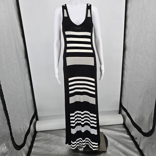 2010s Monteau Los Angeles Blak and White Striped Stretch Maxi Tank Dress (M)