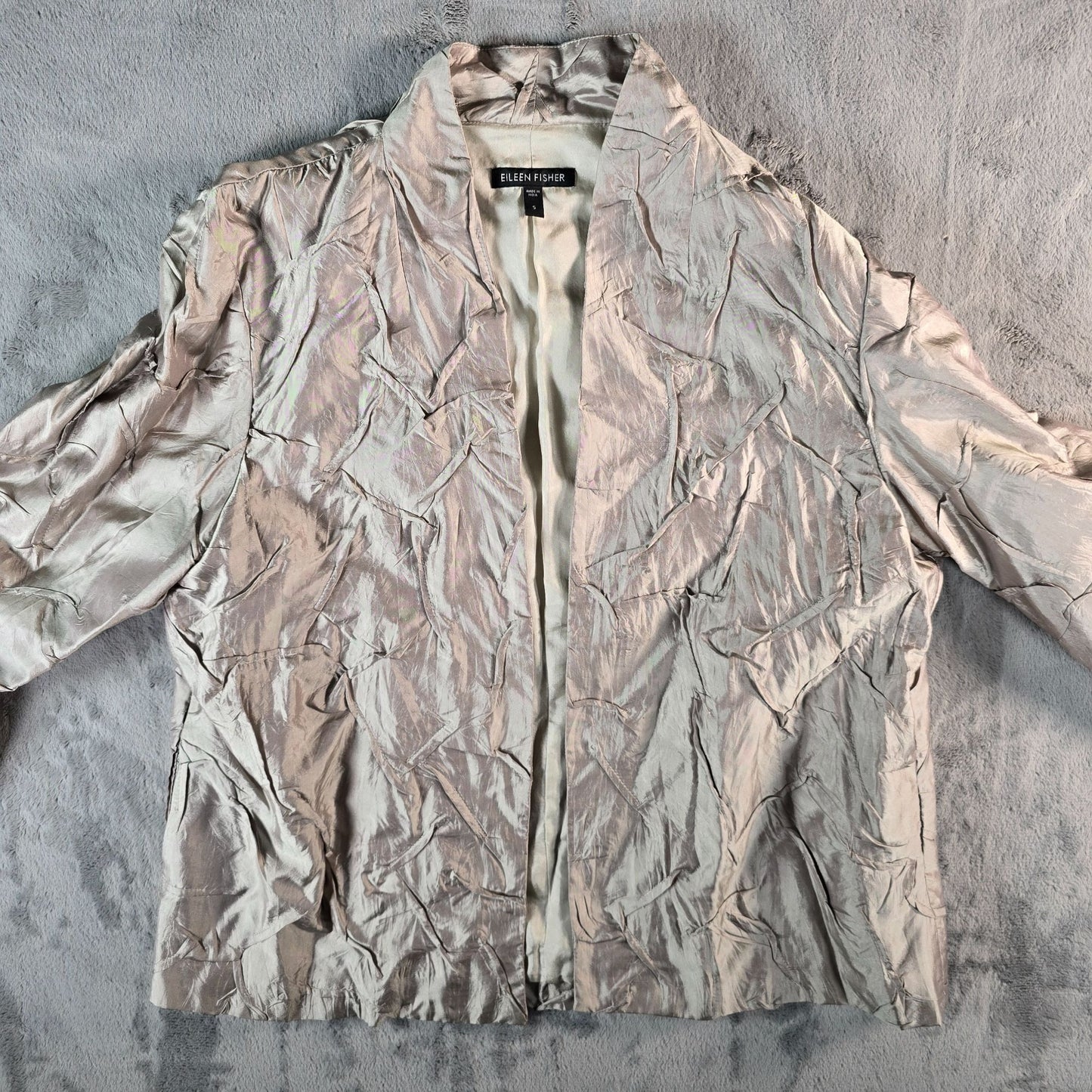 2010s Eileen Fisher Women's 100% Silk Crinkle Texture Open Front Jacket (S)