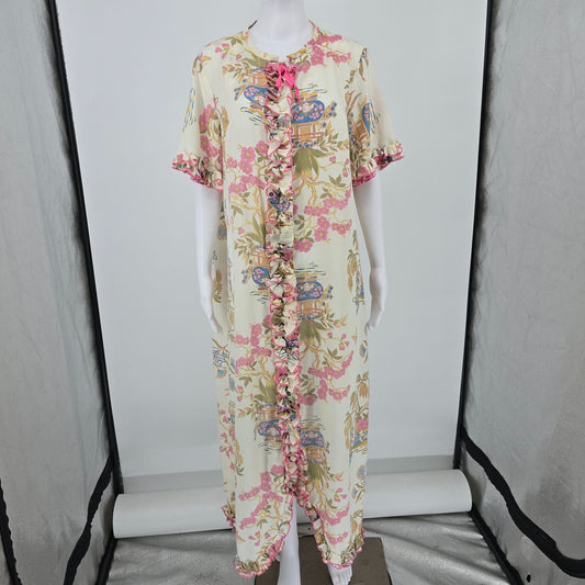 Vintage 1950s Chinoiserie Floral Print Ruffled Hostess Gown/House Dress (XXL)