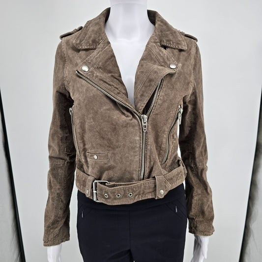 2010s Distressed [BLANKNYC] Cropped Suede French Taupe Moto Jacket (Small)